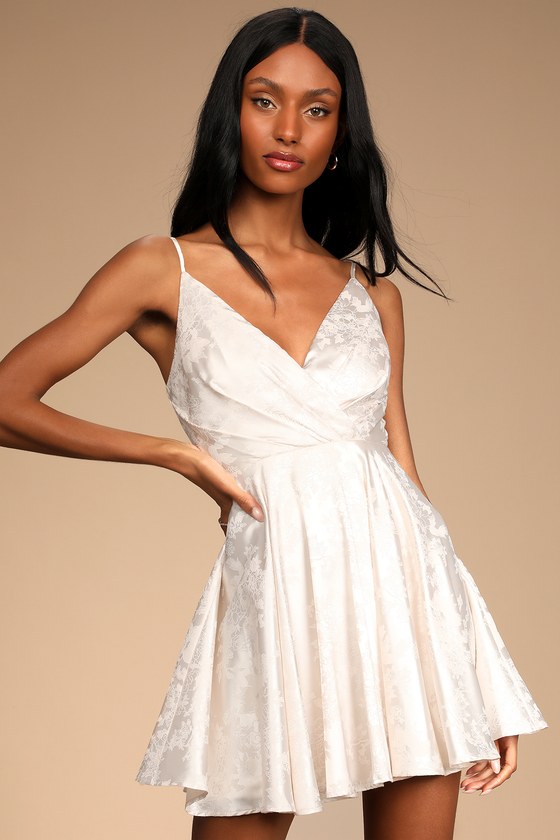 Cream Mini Dress - Floral Satin Dress ...